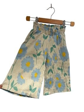 MAINIO blue/green & yellow knit floral wide leg crop pant - size 98/104 (3-4)